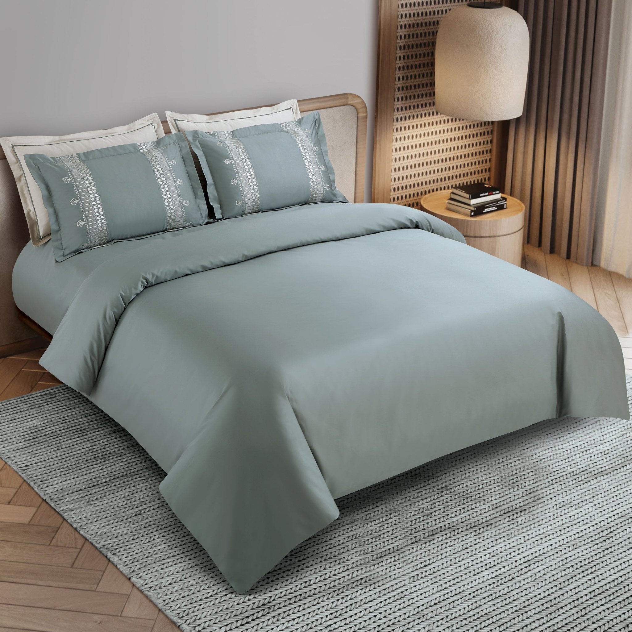 Malako Luxe Collection: 550 TC Olive Green Premium Embroidered Bedding - MALAKO