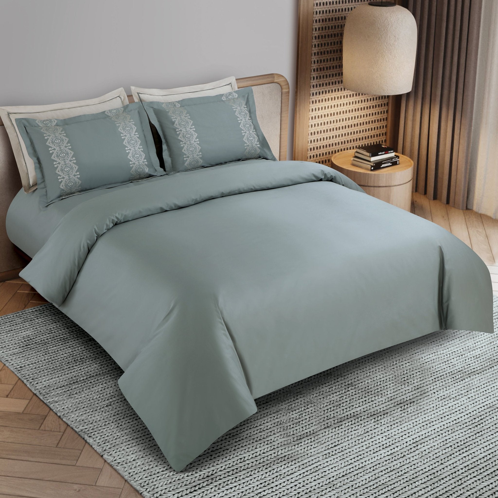 Malako Luxe Collection: 550 TC Olive Green Premium Embroidered Bedding - MALAKO