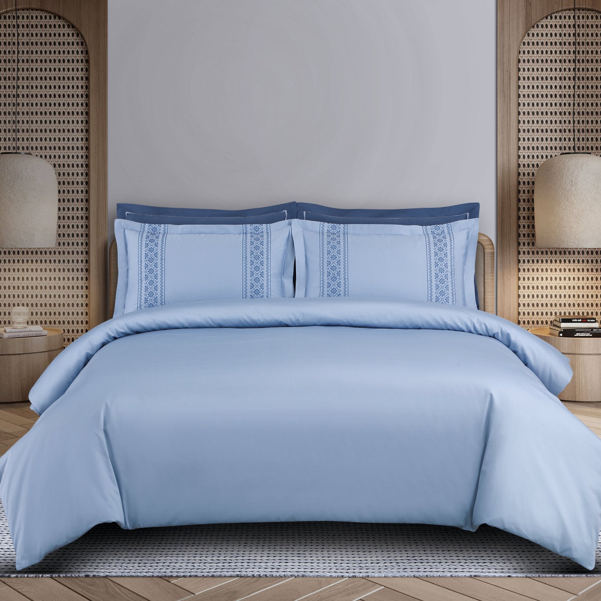 Malako Luxe Collection: 550 TC Pigeon Blue Premium Embroidered Bedding - MALAKO
