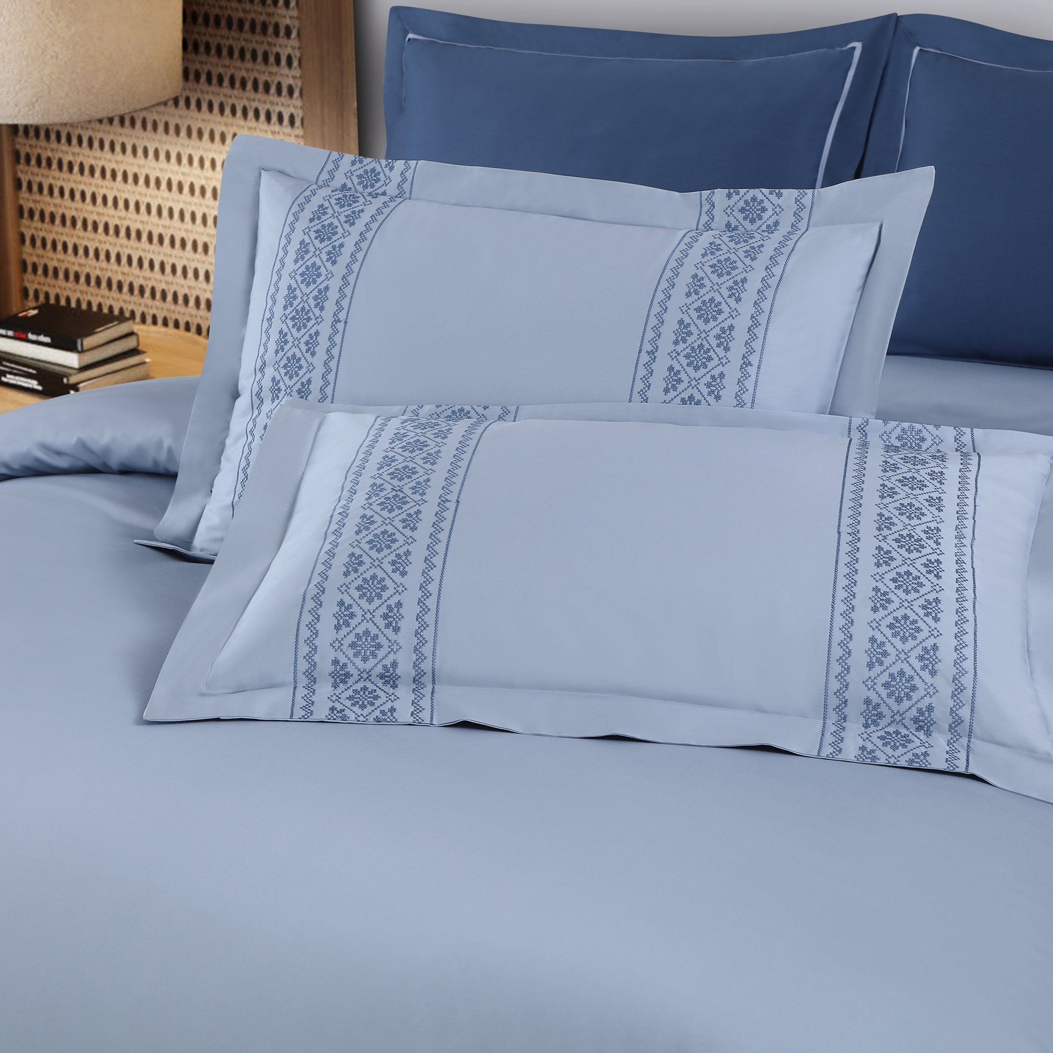 Malako Luxe Collection: 550 TC Pigeon Blue Premium Embroidered Bedding - MALAKO