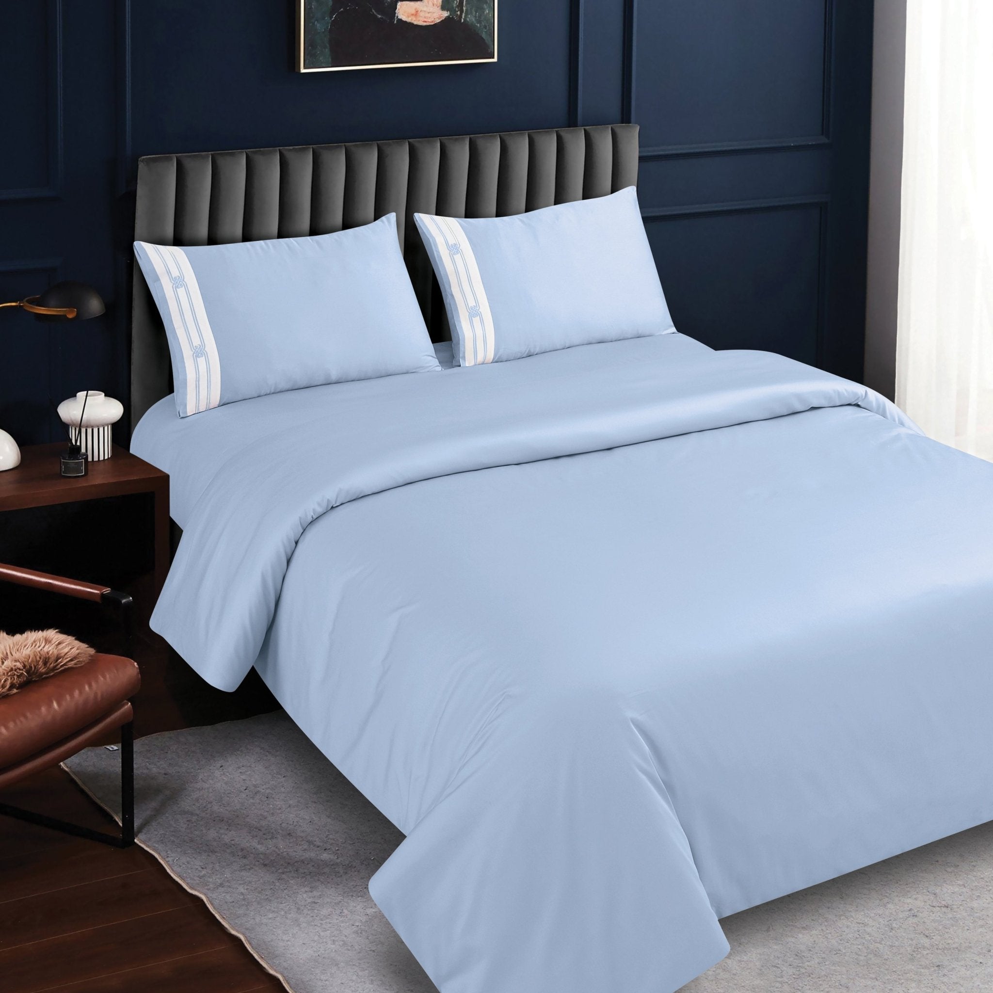 Malako Luxe Collection: 550 TC Pigeon Blue Premium Embroidered Bedding - MALAKO