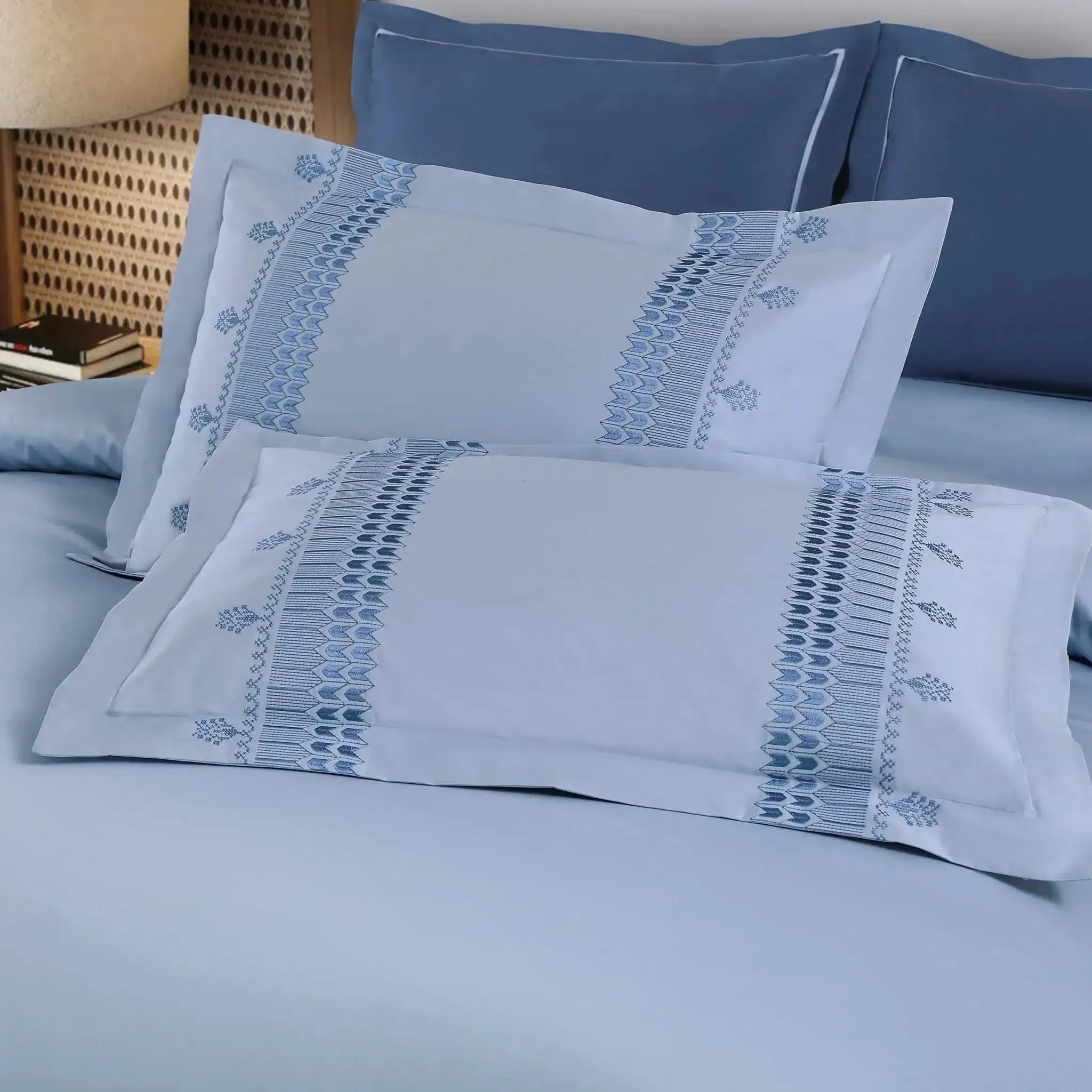 Malako Luxe Collection 550 TC Pigeon Blue Premium Embroidered Bedding