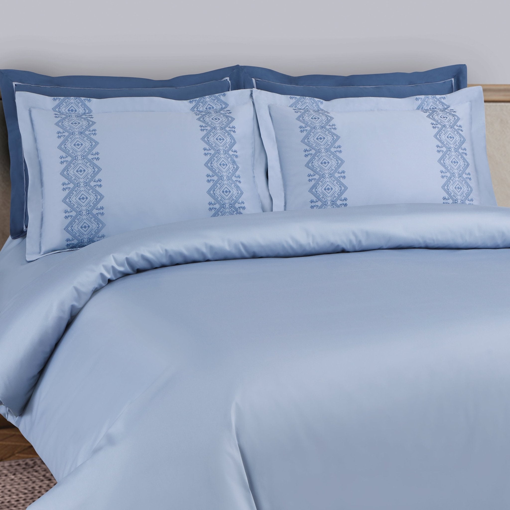 Malako Luxe Collection: 550 TC Pigeon Blue Premium Embroidered Bedding - MALAKO