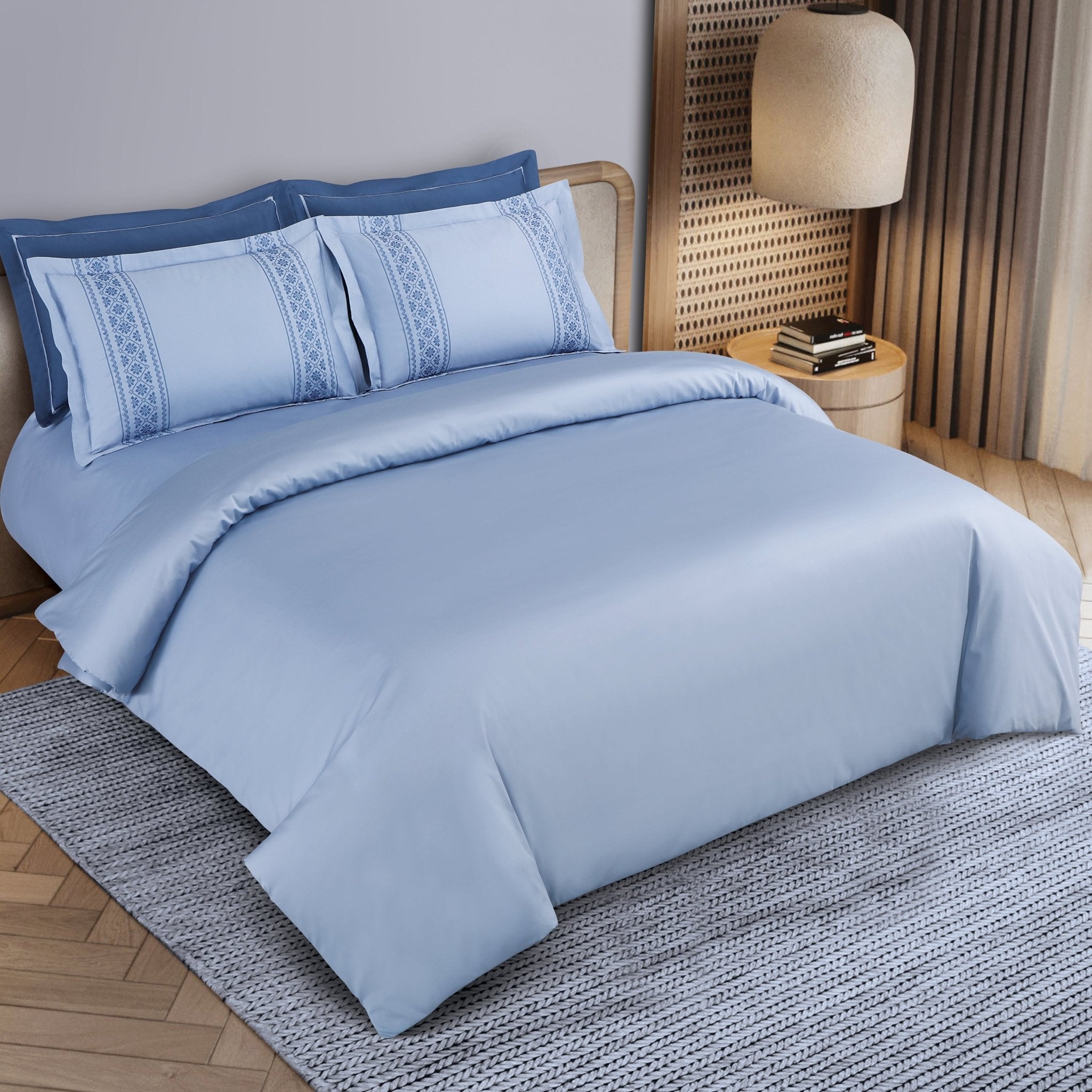 Malako Luxe Collection: 550 TC Pigeon Blue Premium Embroidered Bedding - MALAKO