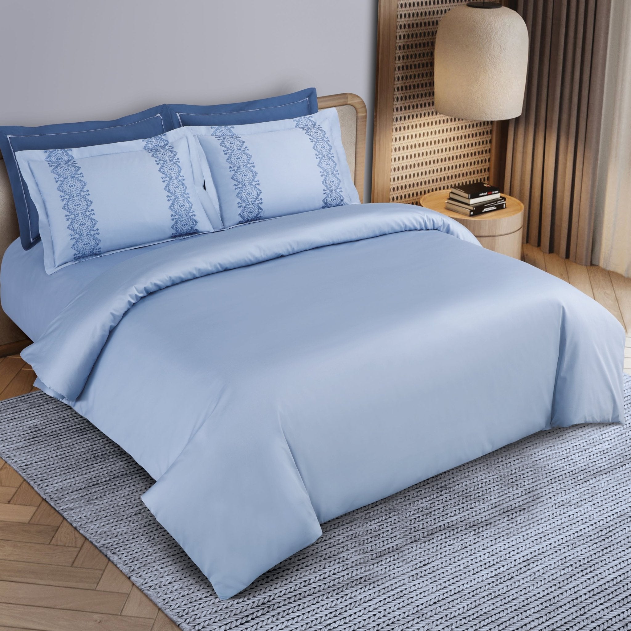 Malako Luxe Collection: 550 TC Pigeon Blue Premium Embroidered Bedding - MALAKO