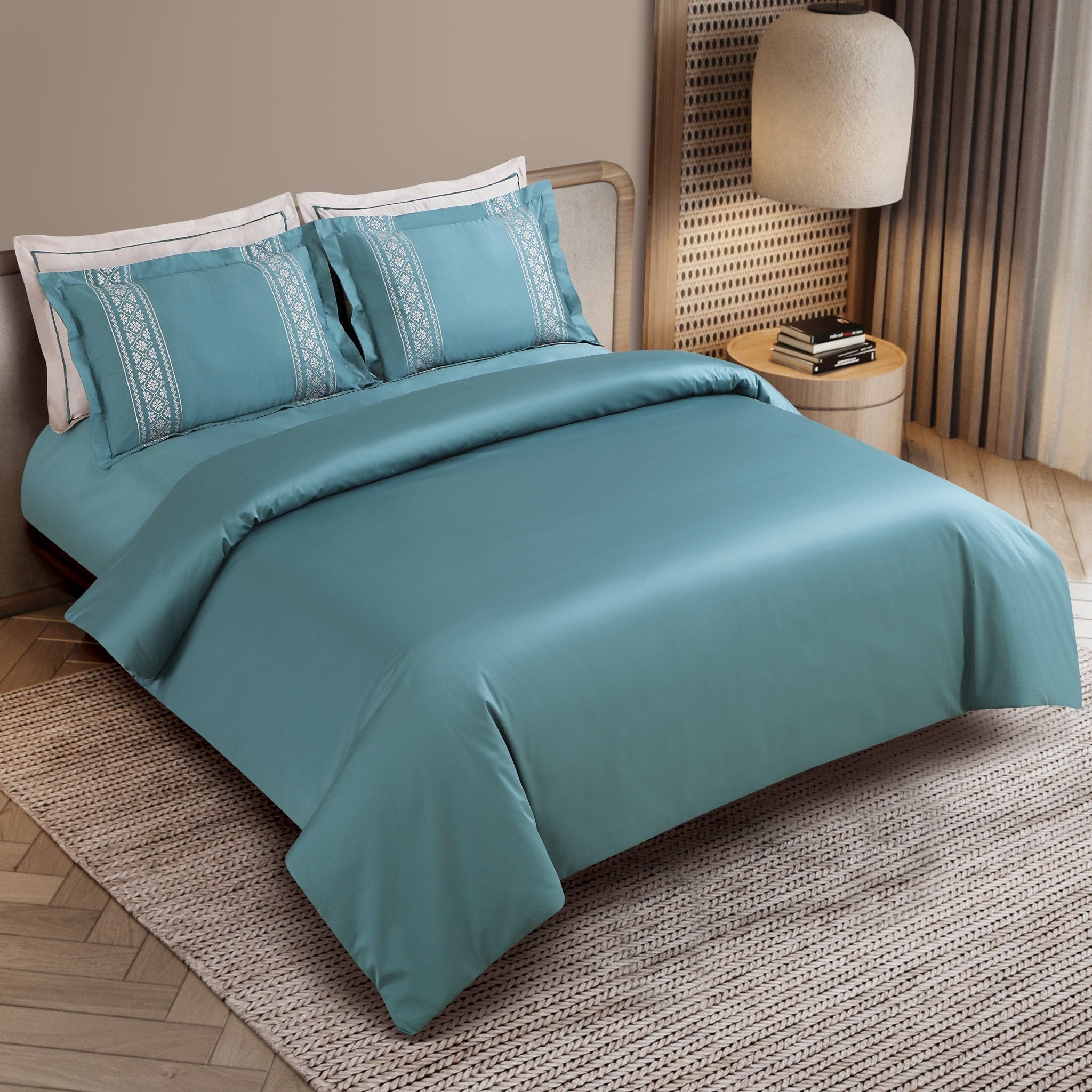 Malako Luxe Collection: 550 TC Teal Green Premium Embroidered Bedding - MALAKO