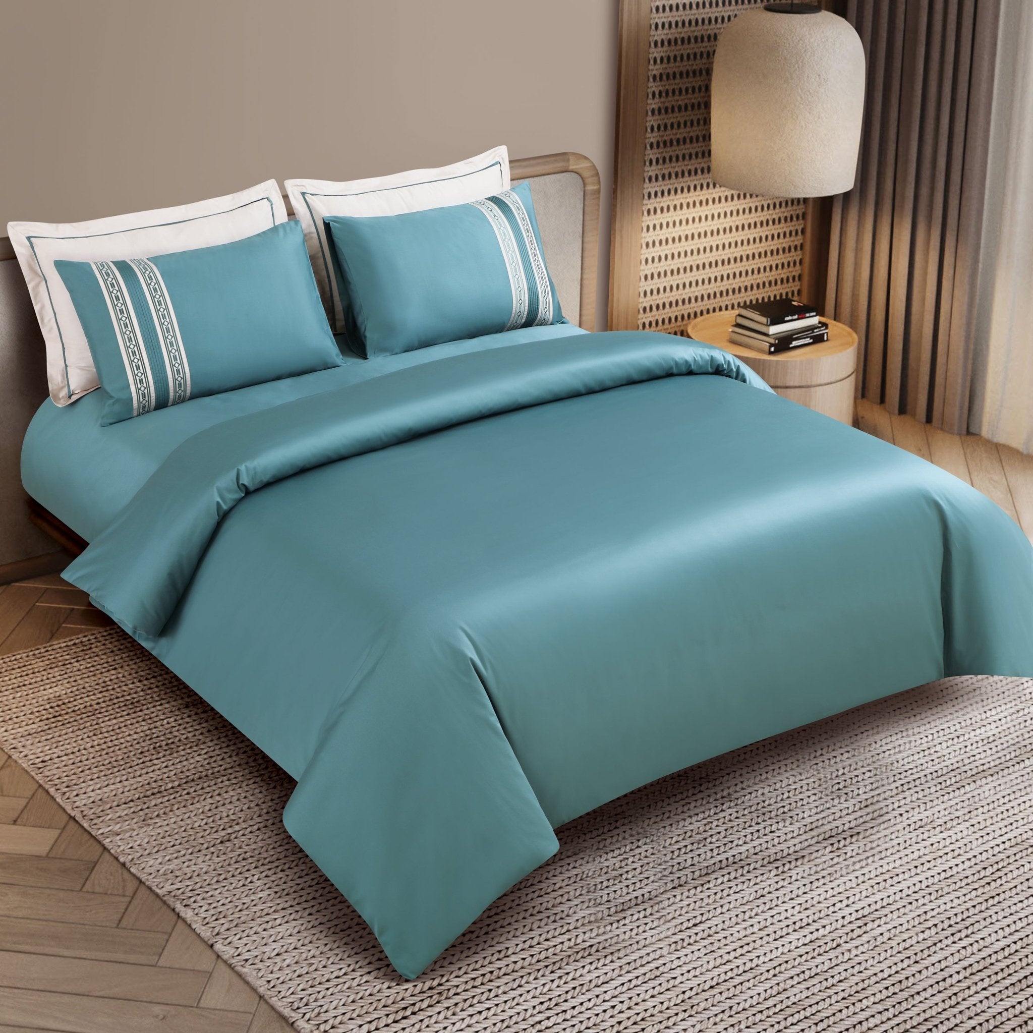 Malako Luxe Collection: 550 TC Teal Green Premium Embroidered Bedding - MALAKO