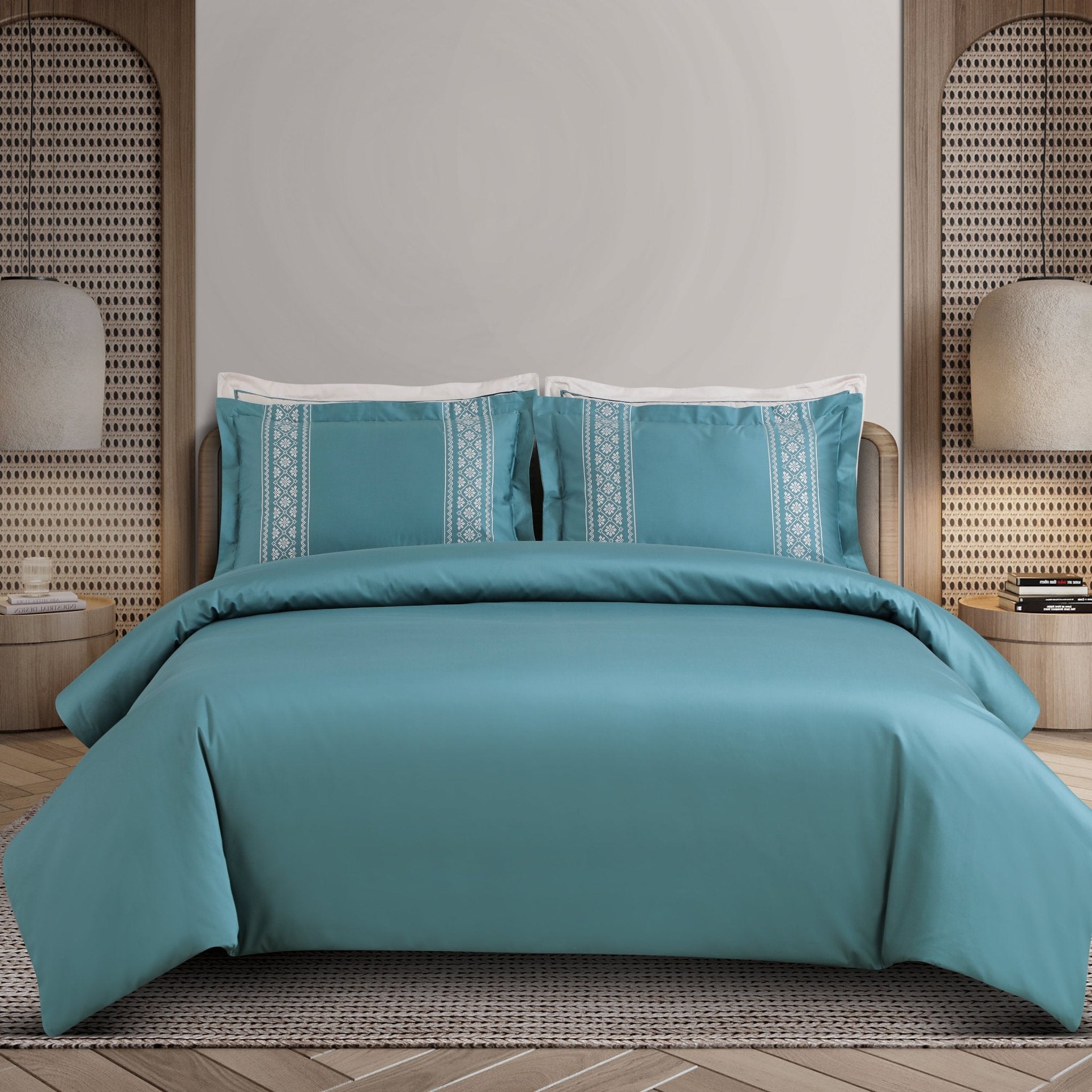 Malako Luxe Collection: 550 TC Teal Green Premium Embroidered Bedding - MALAKO