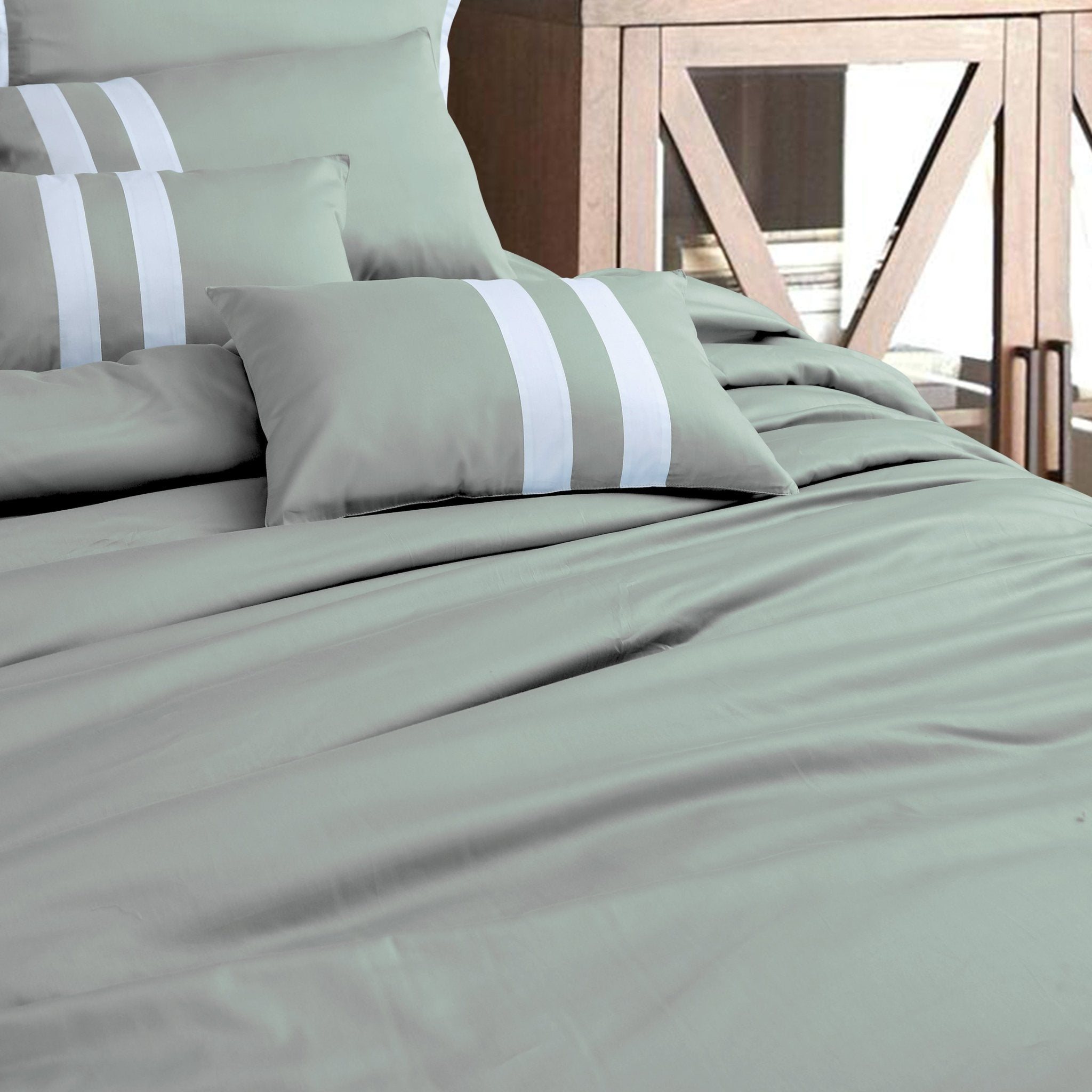 Malako Luxe Olive Green Plain Striped 100% Cotton King Size Duvet Cover Set - MALAKO