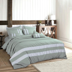 Malako Luxe Olive Green Plain Striped 100% Cotton King Size Duvet Cover Set - MALAKO