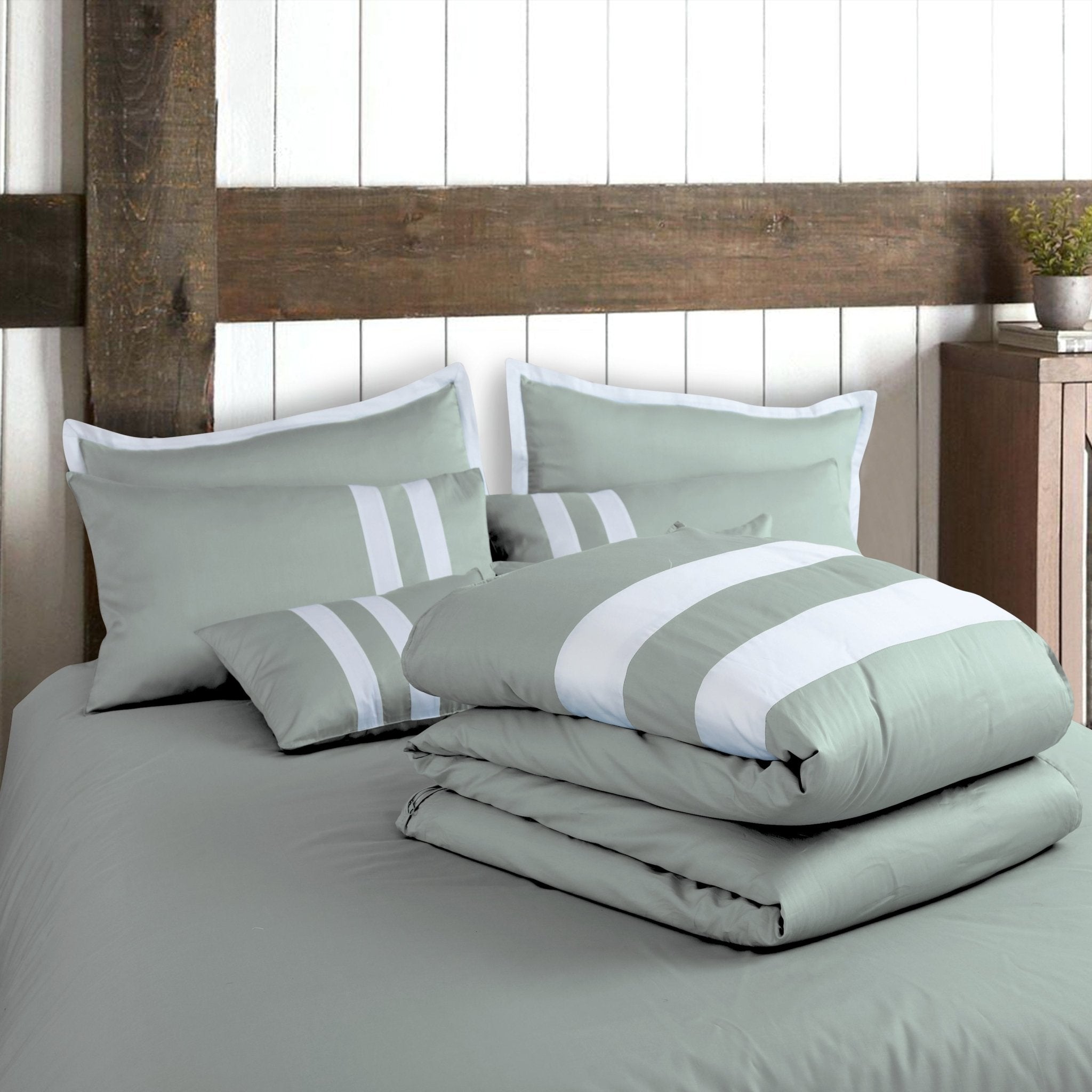Malako Luxe Olive Green Plain Striped 100% Cotton King Size Duvet Cover Set - MALAKO