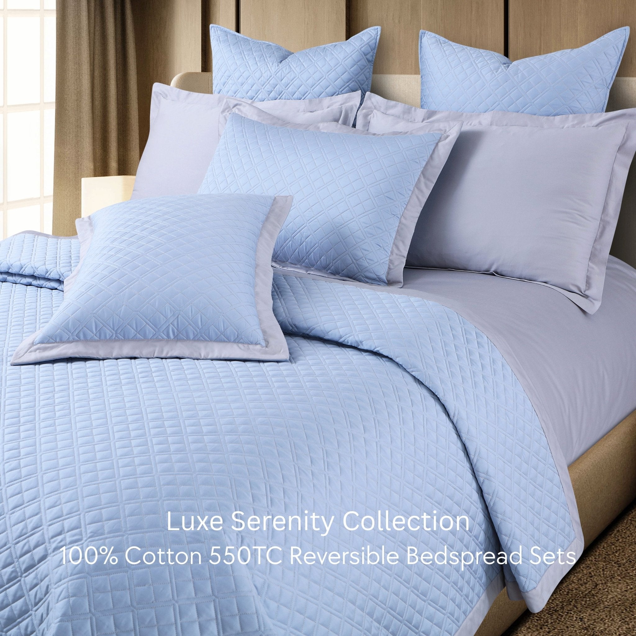 Malako Luxe: Serenity 550 TC 100% Cotton Pigeon Blue & Silver Solid King Size Reversible Bedspread Set - MALAKO