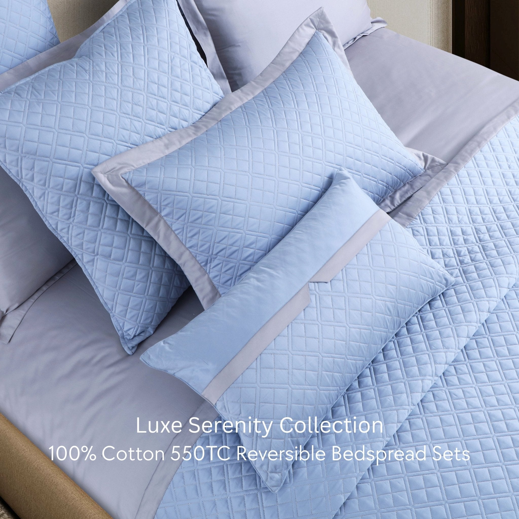 Malako Luxe: Serenity 550 TC 100% Cotton Pigeon Blue & Silver Solid King Size Reversible Bedspread Set - MALAKO