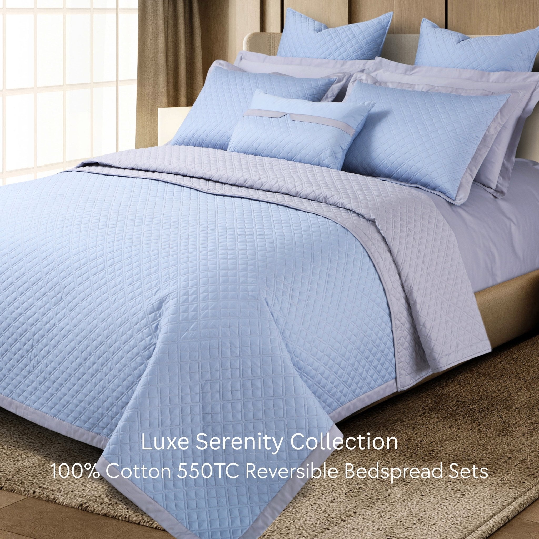 Malako Luxe: Serenity 550 TC 100% Cotton Pigeon Blue & Silver Solid King Size Reversible Bedspread Set - MALAKO