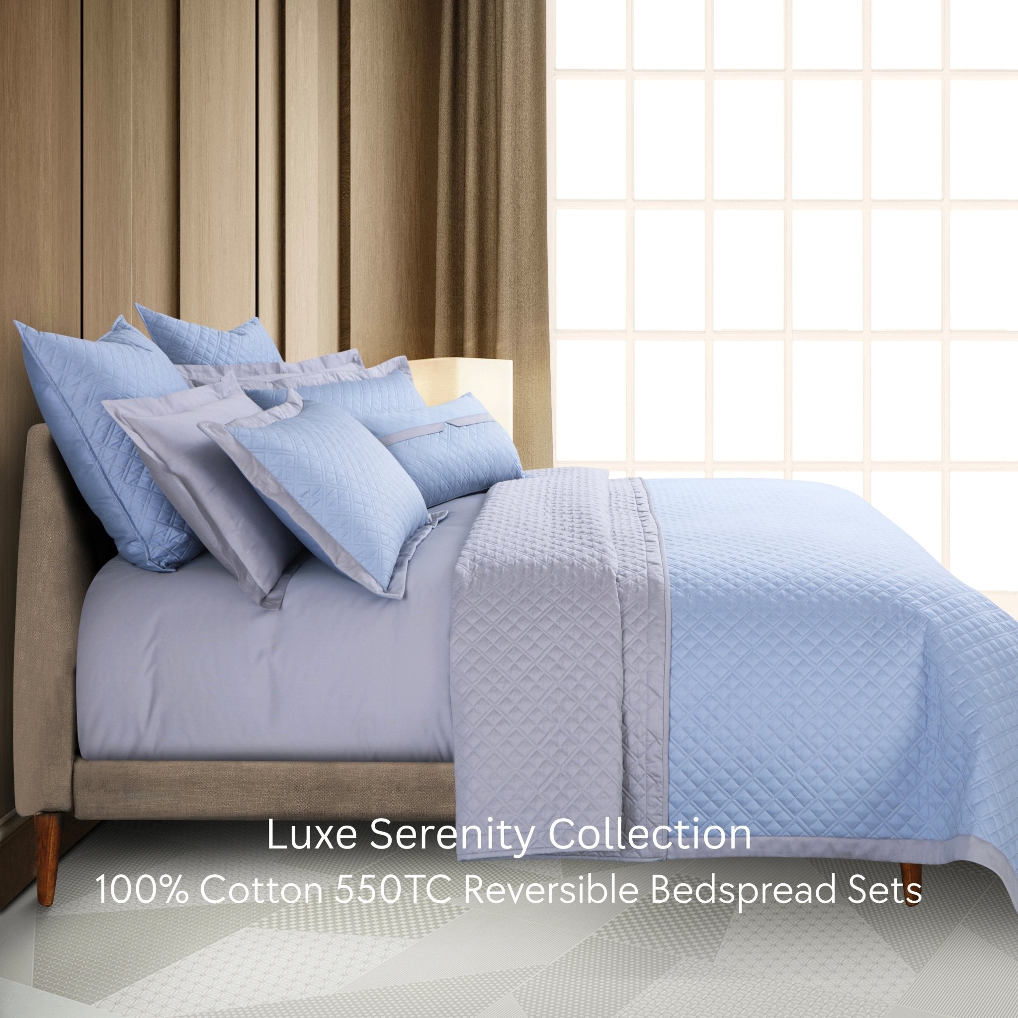 Malako Luxe: Serenity 550 TC 100% Cotton Pigeon Blue & Silver Solid King Size Reversible Bedspread Set - MALAKO