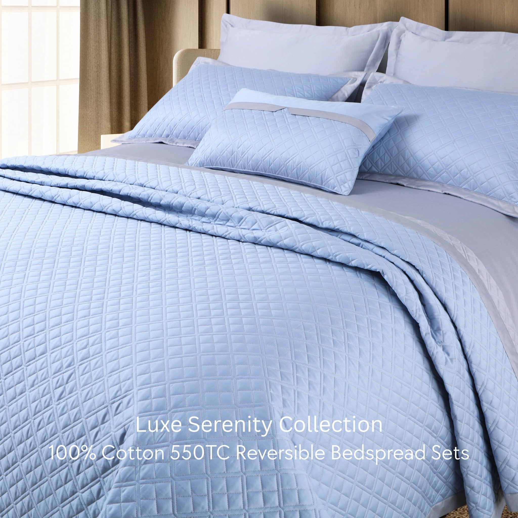 Malako Luxe: Serenity 550 TC 100% Cotton Pigeon Blue & Silver Solid King Size Reversible Bedspread Set - MALAKO