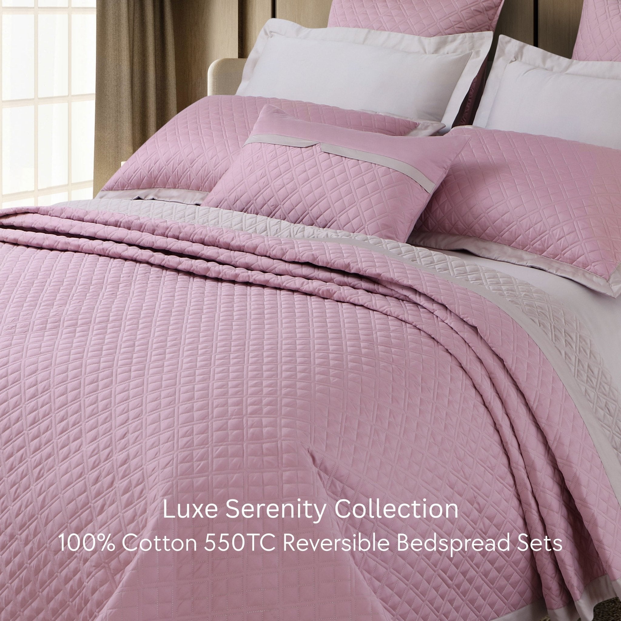 Malako Luxe: Serenity 550 TC 100% Cotton Pink & Beige Solid King Size Reversible Bedspread Set - MALAKO