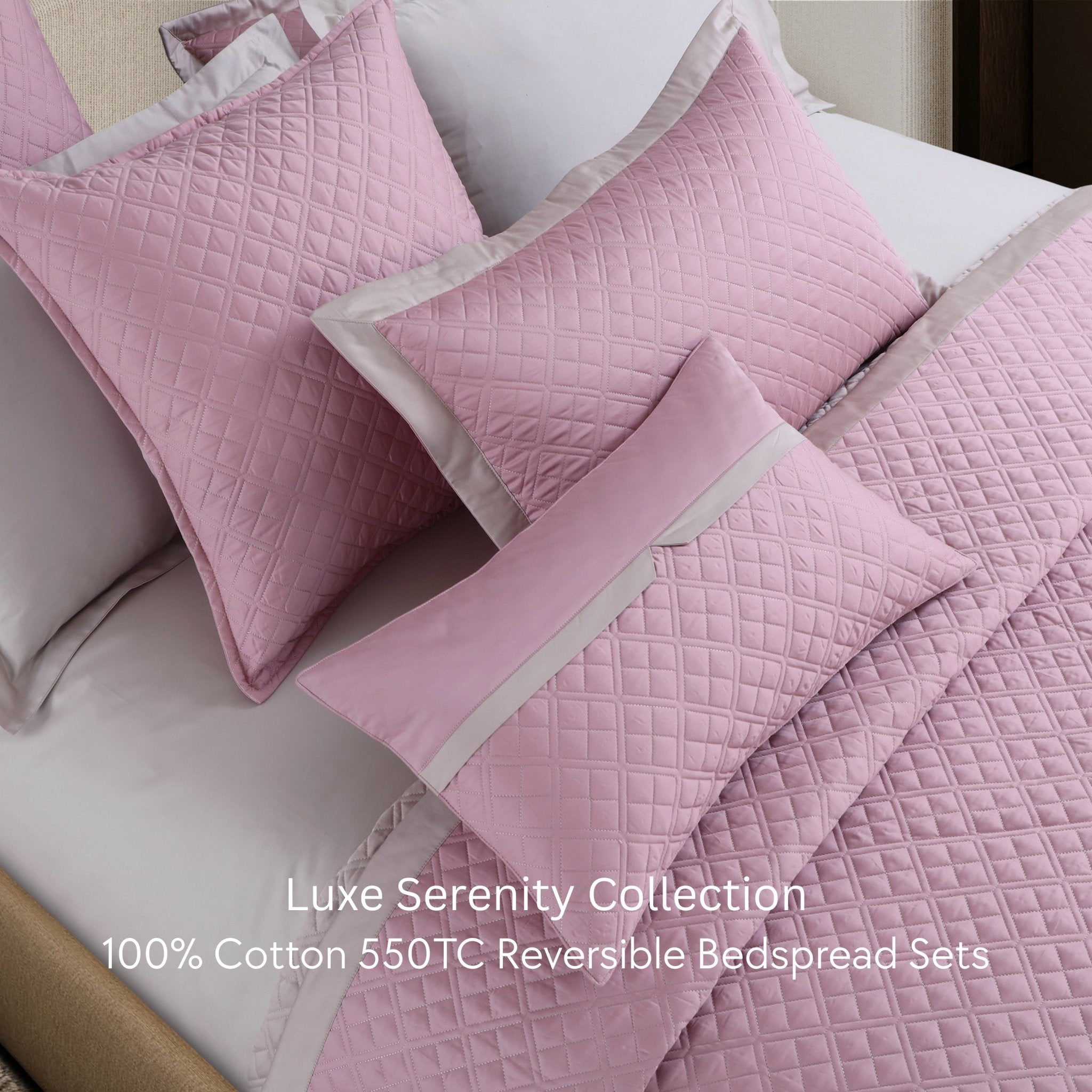 Malako Luxe: Serenity 550 TC 100% Cotton Pink & Beige Solid King Size Reversible Bedspread Set - MALAKO