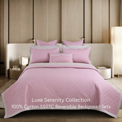 Malako Luxe: Serenity 550 TC 100% Cotton Pink & Beige Solid King Size Reversible Bedspread Set - MALAKO