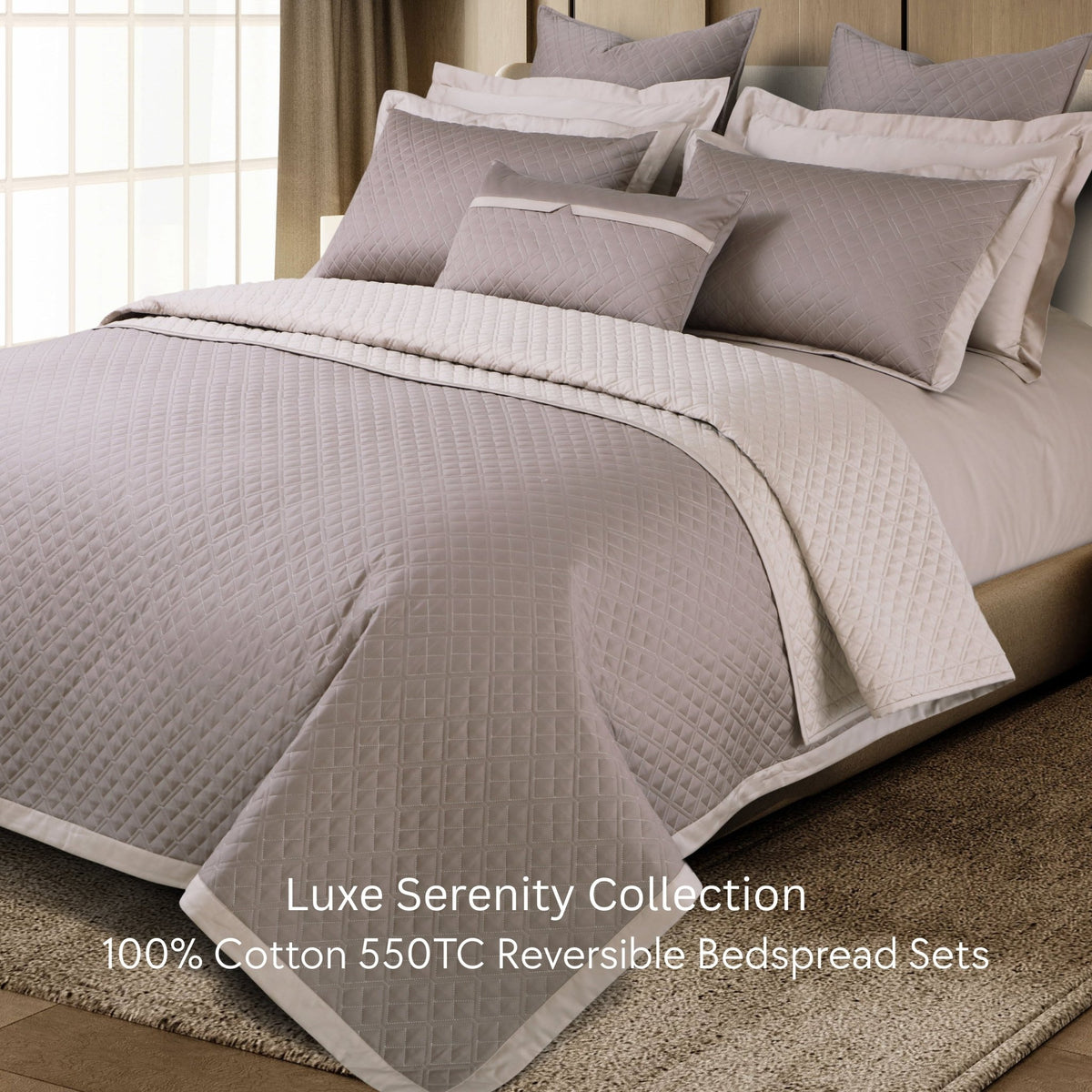 Malako Luxe: Serenity 550 TC 100% Cotton Taupe & Beige Solid King Size Reversible Bedspread Set - MALAKO