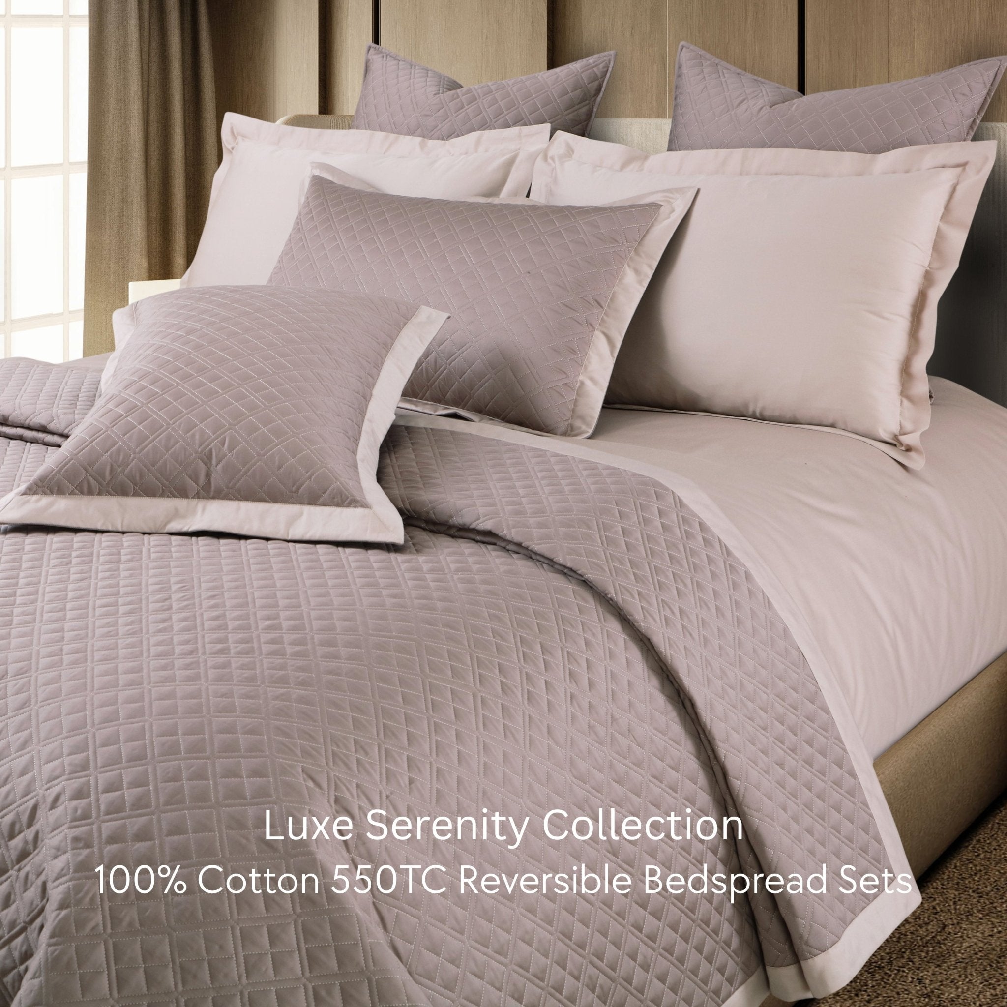 Malako Luxe: Serenity 550 TC 100% Cotton Taupe & Beige Solid King Size Reversible Bedspread Set - MALAKO