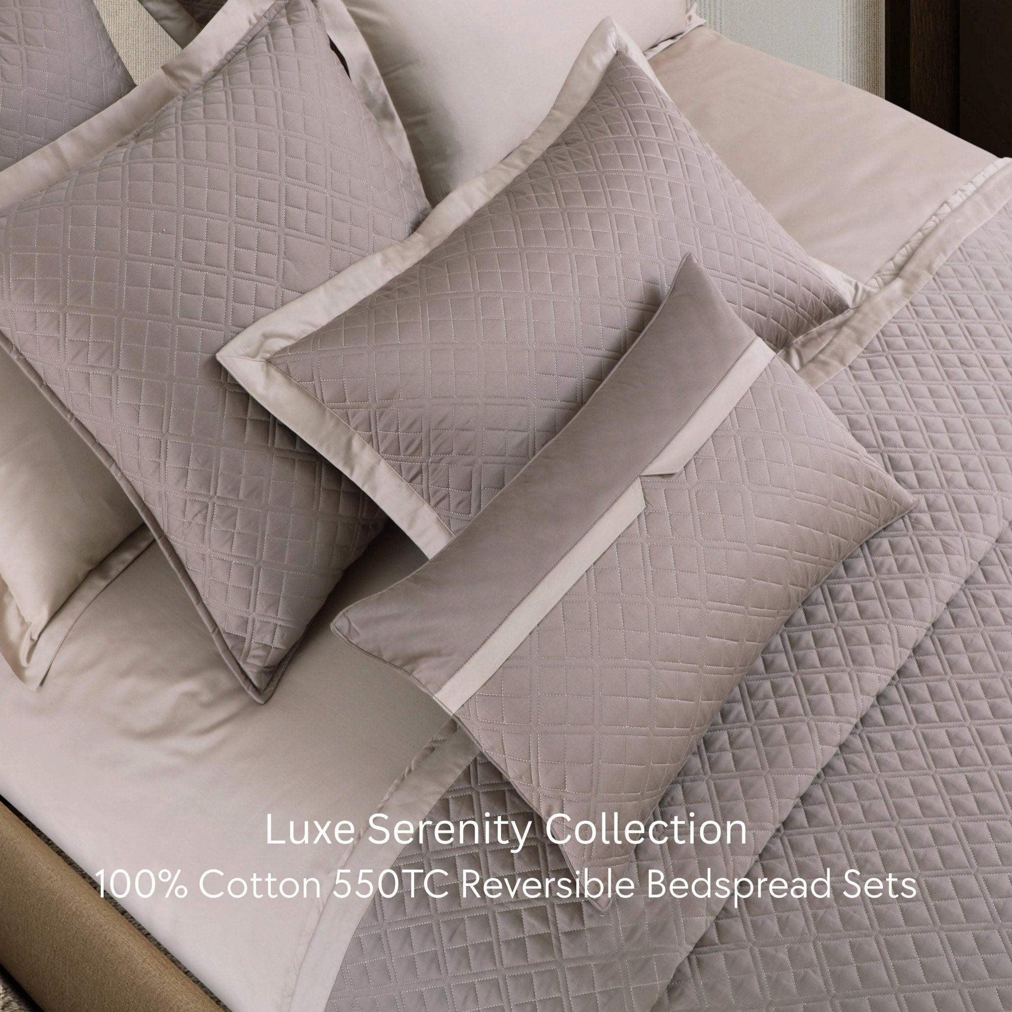 Malako Luxe: Serenity 550 TC 100% Cotton Taupe & Beige Solid King Size Reversible Bedspread Set - MALAKO