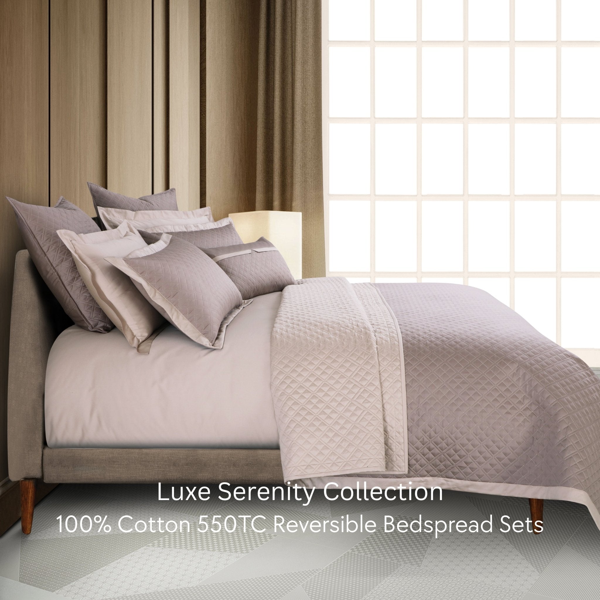 Malako Luxe: Serenity 550 TC 100% Cotton Taupe & Beige Solid King Size Reversible Bedspread Set - MALAKO