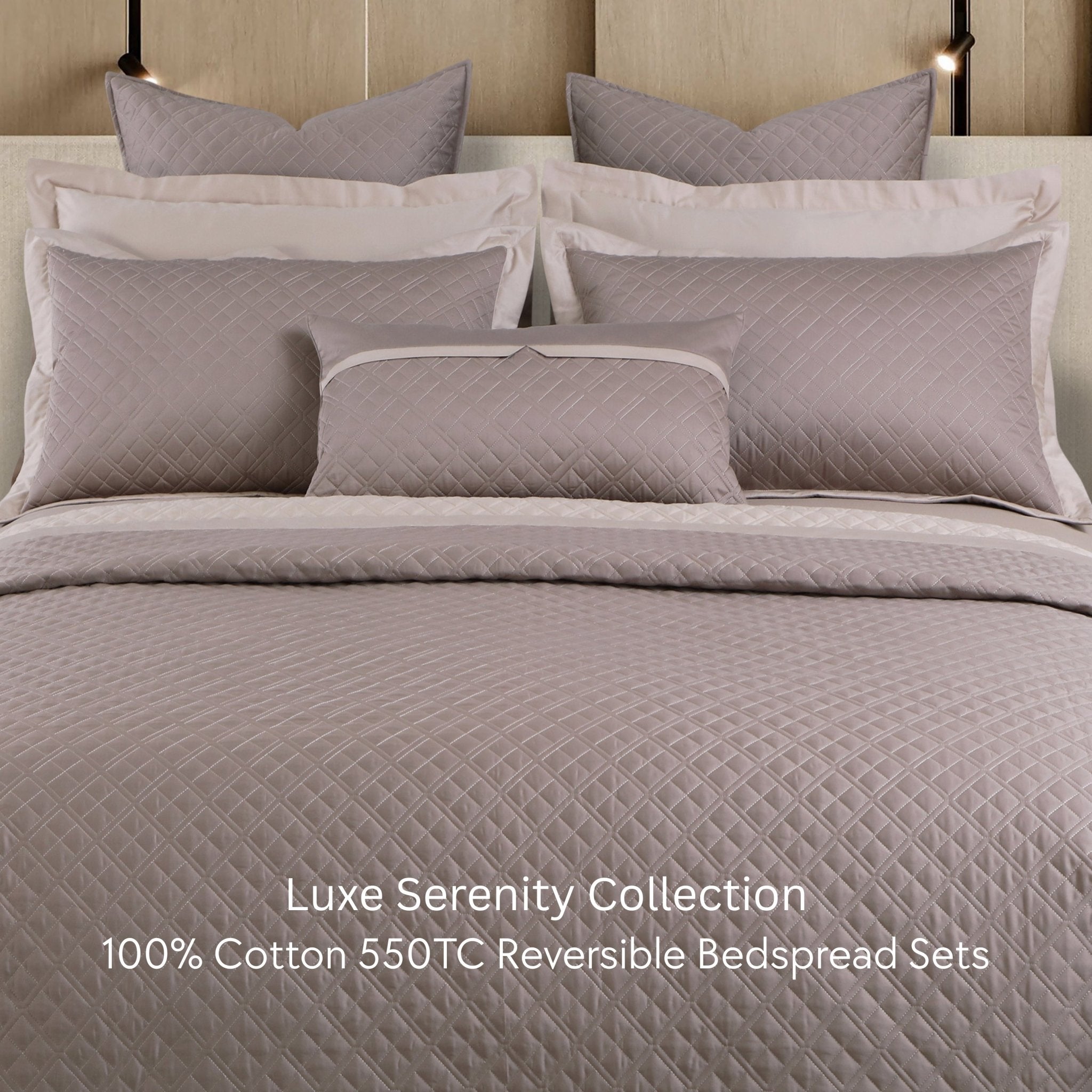 Malako Luxe: Serenity 550 TC 100% Cotton Taupe & Beige Solid King Size Reversible Bedspread Set - MALAKO