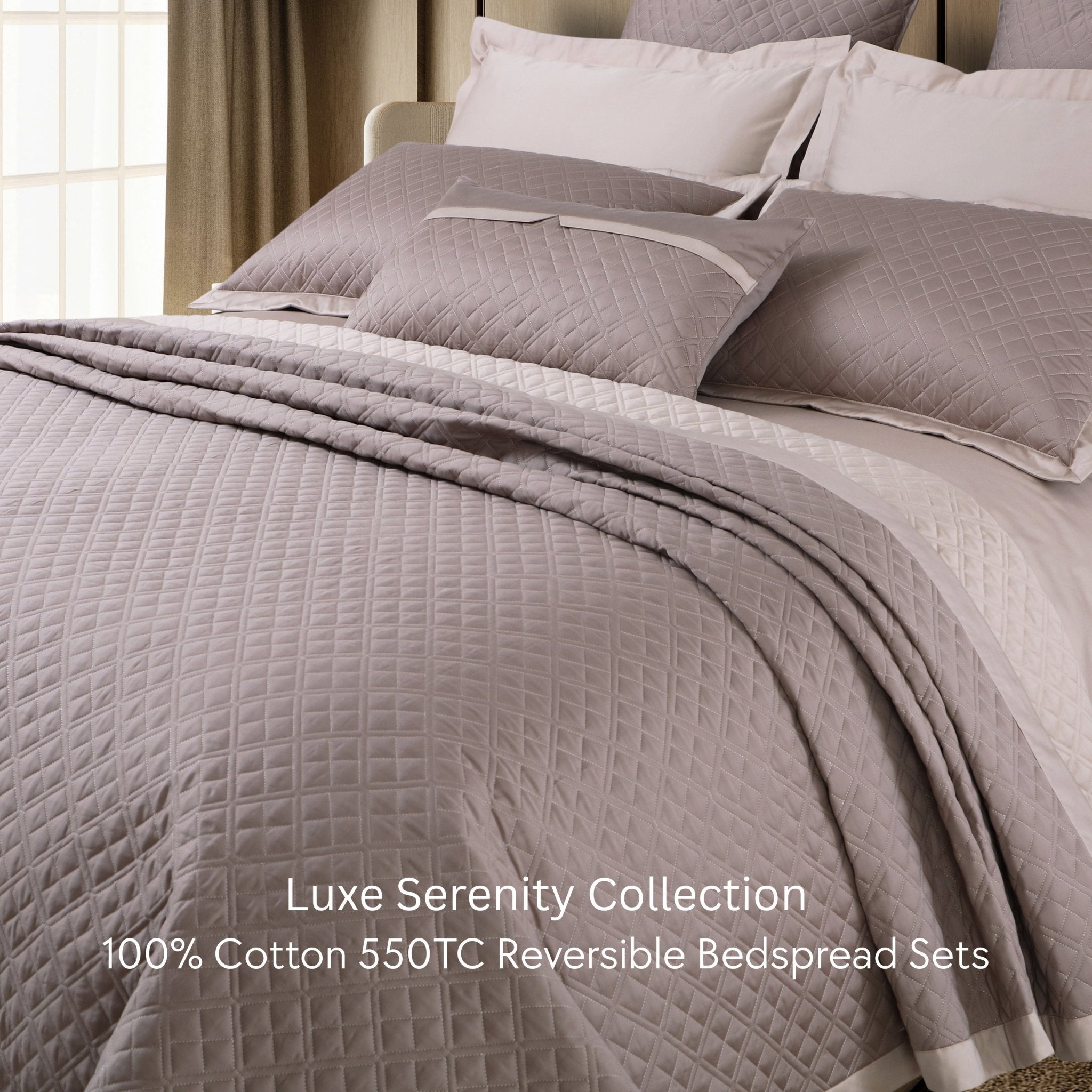 Malako Luxe: Serenity 550 TC 100% Cotton Taupe & Beige Solid King Size Reversible Bedspread Set - MALAKO