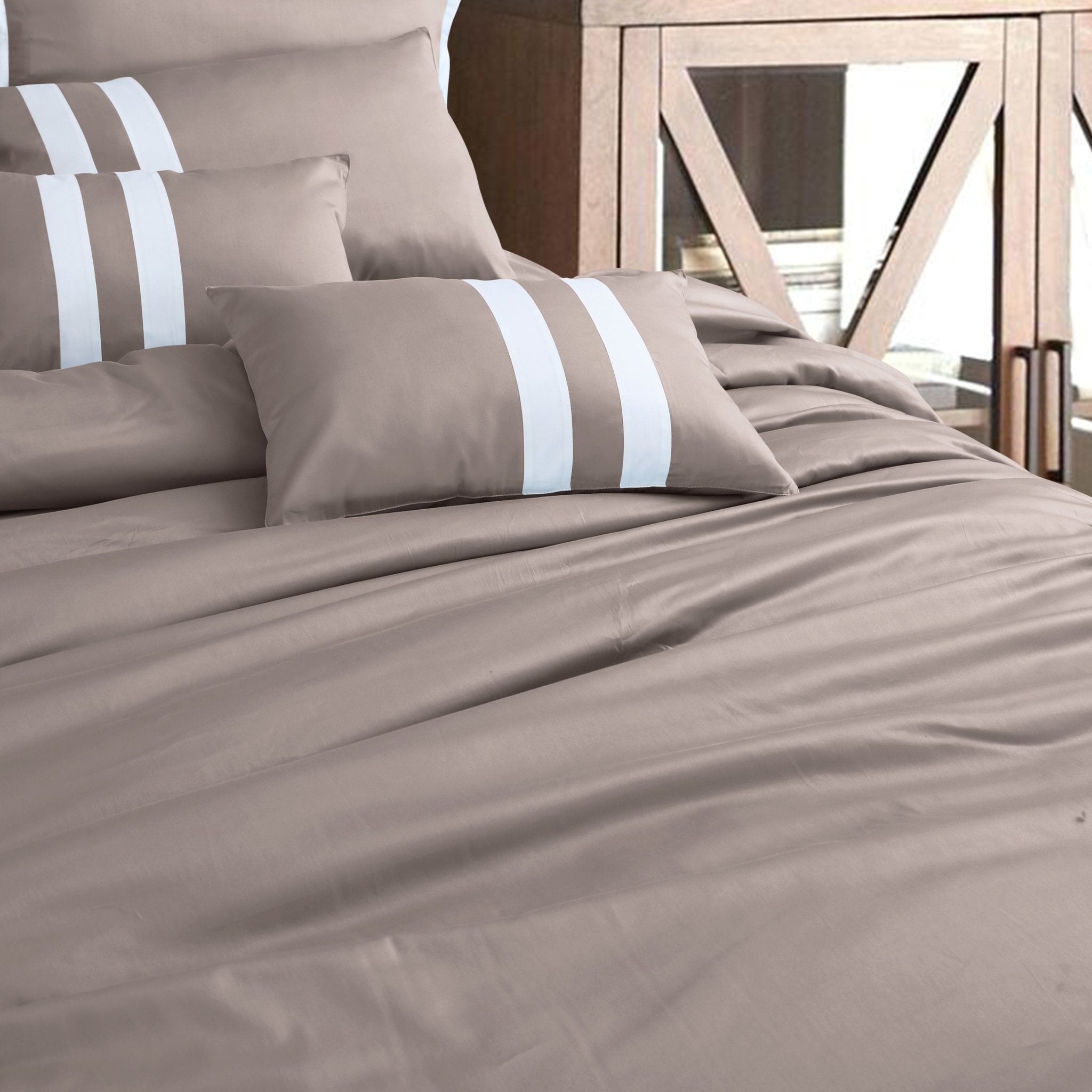 Malako Luxe Taupe Brown Plain Striped 100% Cotton King Size Duvet Cover Set - MALAKO