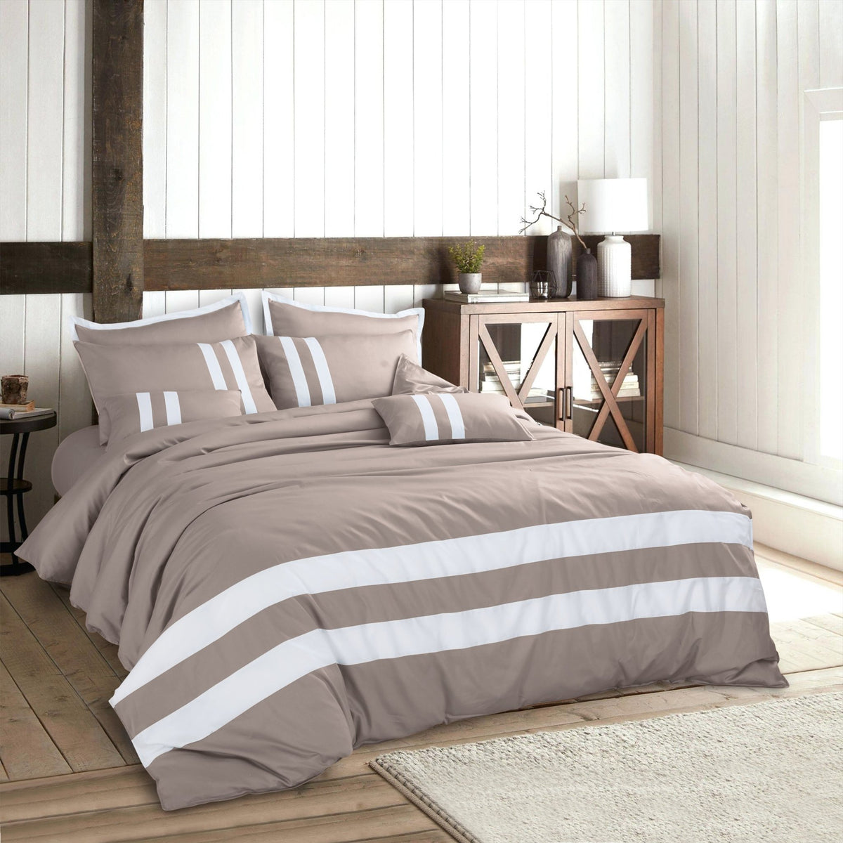 Malako Luxe Taupe Brown Plain Striped 100% Cotton King Size Duvet Cover Set - MALAKO