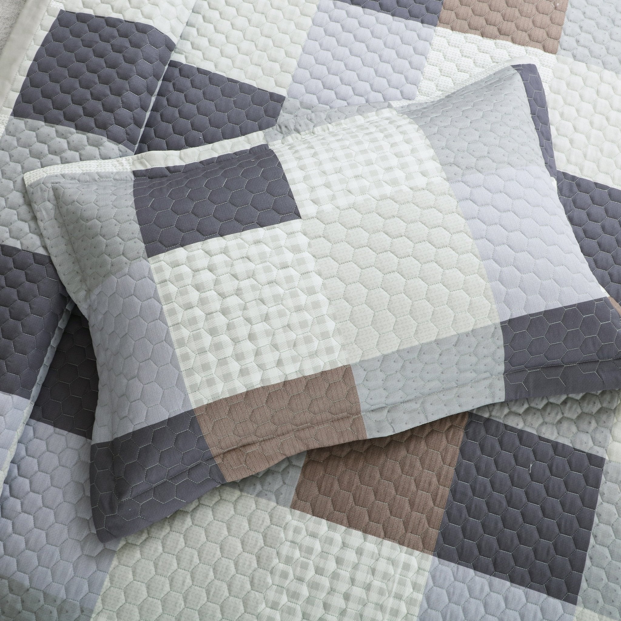 Malako Royale 100% Cotton Beige and Blue Checkered King Size 5 Piece Quilted Bedspread Set - MALAKO