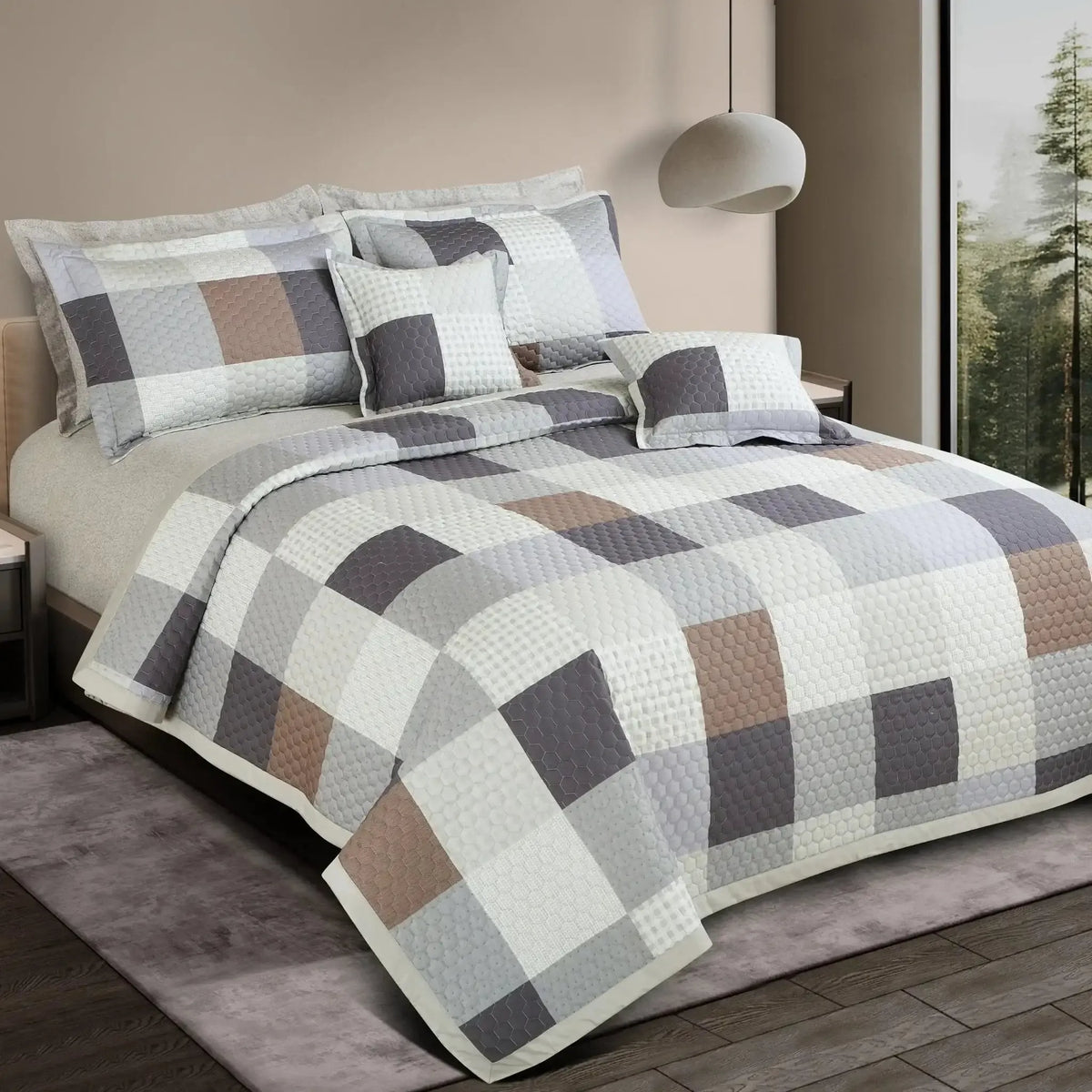 Malako Royale 100% Cotton Beige and Blue Checkered King Size 5 Piece Quilted Bedspread Set