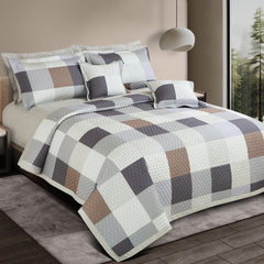 Malako Royale 100% Cotton Beige and Blue Checkered King Size 5 Piece Quilted Bedspread Set - MALAKO