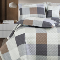 Malako Royale 100% Cotton Beige and Blue Checkered King Size 5 Piece Quilted Bedspread Set - MALAKO