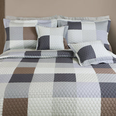 Malako Royale 100% Cotton Beige and Blue Checkered King Size 5 Piece Quilted Bedspread Set - MALAKO