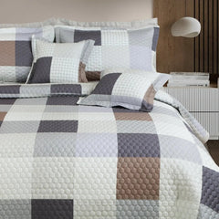 Malako Royale 100% Cotton Beige and Blue Checkered King Size 5 Piece Quilted Bedspread Set