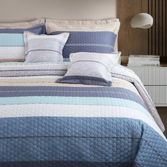 Malako Royale 100% Cotton Blue and Beige Striped King Size 5 Piece Quilted Bedspread Set