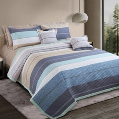 Malako Royale 100% Cotton Blue and Beige Striped King Size 5 Piece Quilted Bedspread Set