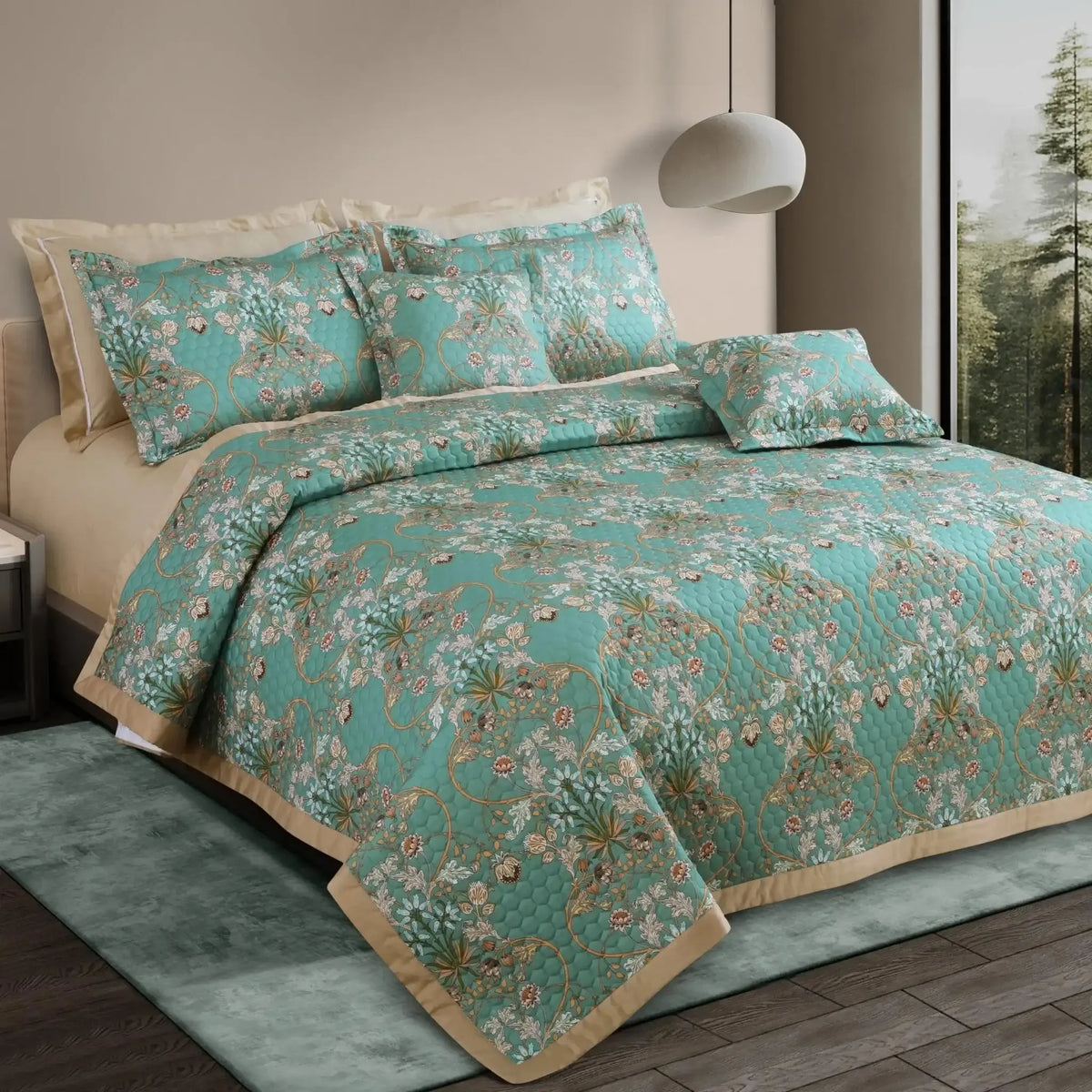 Malako Royale 100% Cotton Green Botanic King Size 5 Piece Quilted Bedspread Set