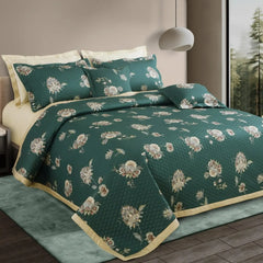Malako Royale 100% Cotton Green Botanic King Size 5 Piece Quilted Bedspread Set