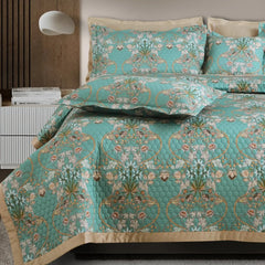 Malako Royale 100% Cotton Green Botanic King Size 5 Piece Quilted Bedspread Set