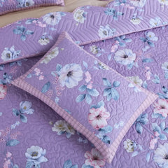 Malako Orchid 100% Cotton Lilac Floral King Size 5 Piece Quilted Bedspread Set