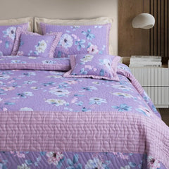 Malako Orchid 100% Cotton Lilac Floral King Size 5 Piece Quilted Bedspread Set