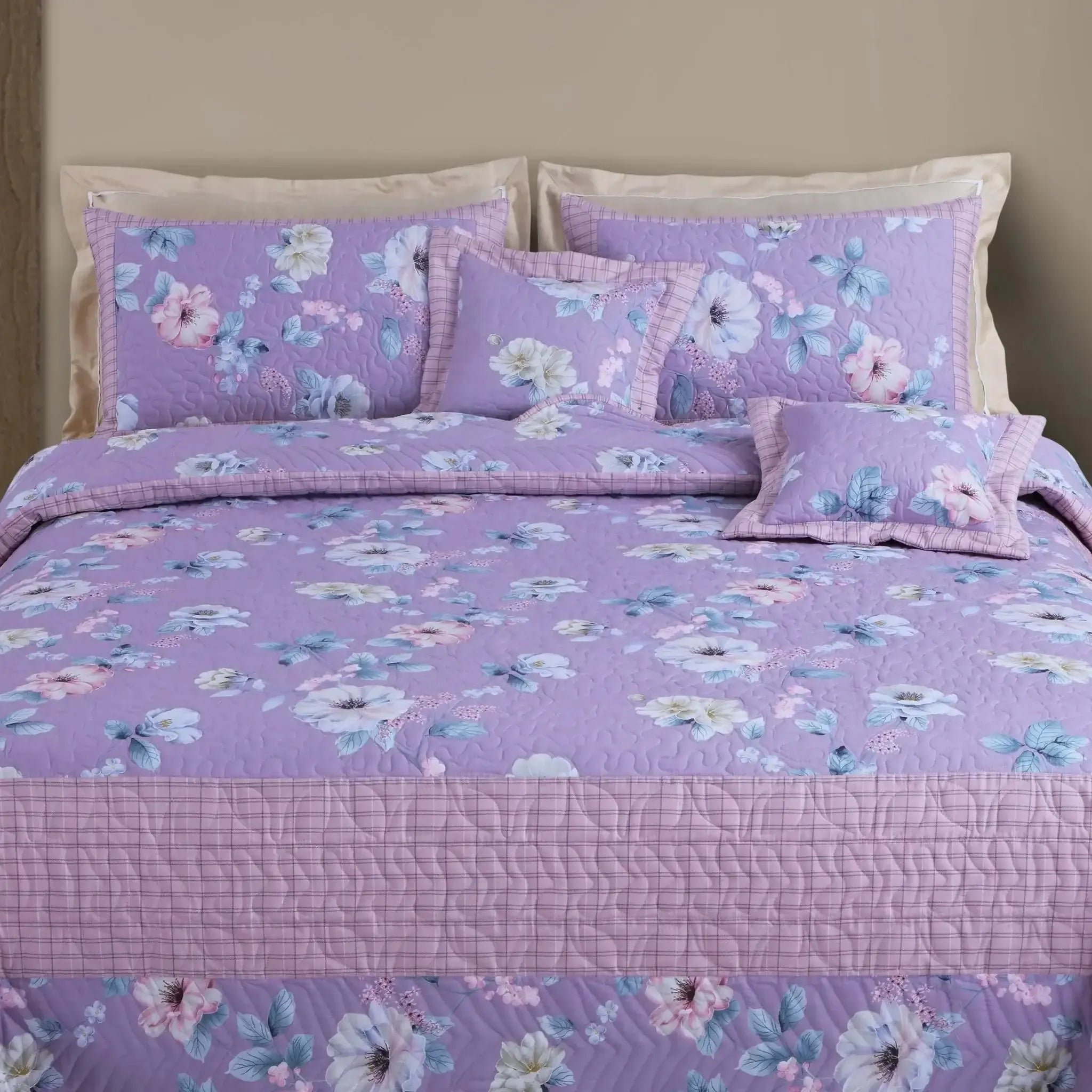 Malako Orchid 100% Cotton Lilac Floral King Size 5 Piece Quilted Bedspread Set