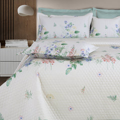 Malako Royale 100% Cotton Off White Botanic King Size 5 Piece Quilted Bedspread Set - MALAKO