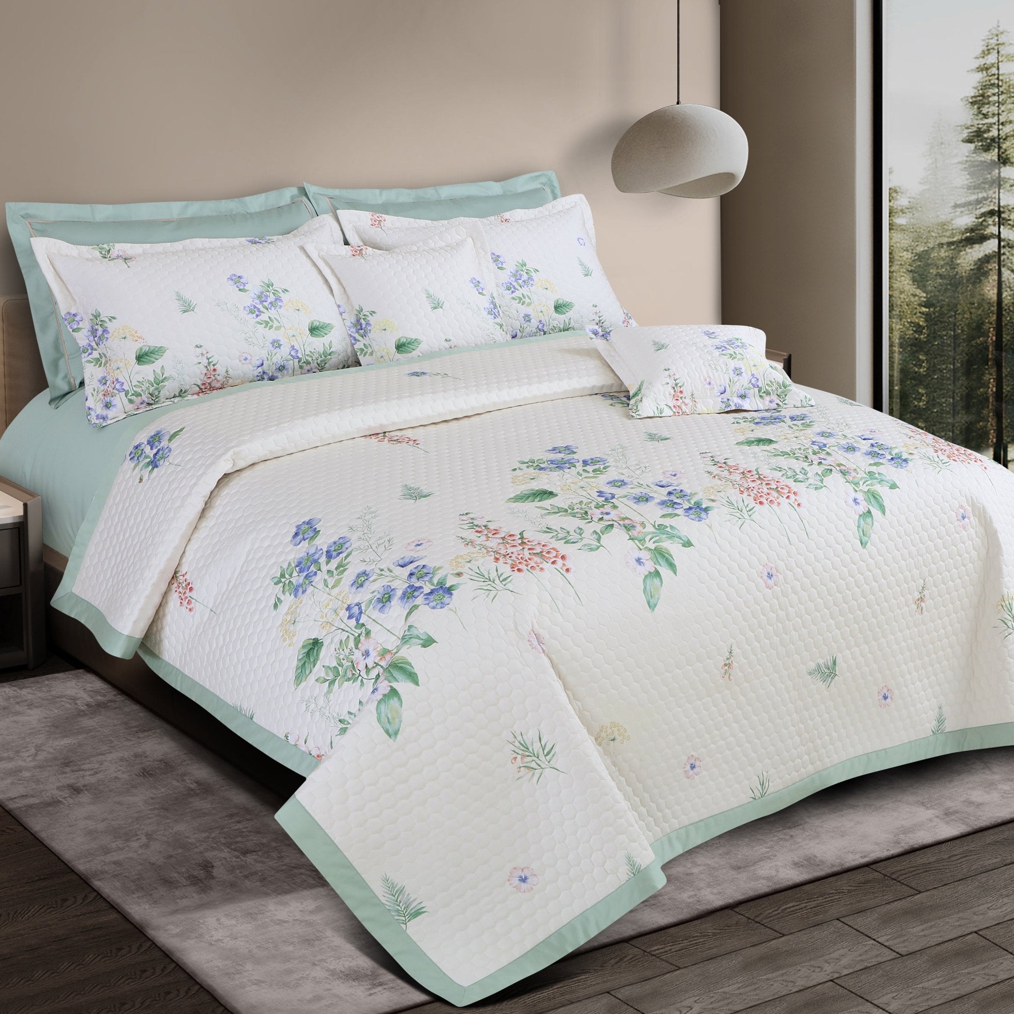 Malako Royale 100% Cotton Off White Botanic King Size 5 Piece Quilted Bedspread Set - MALAKO