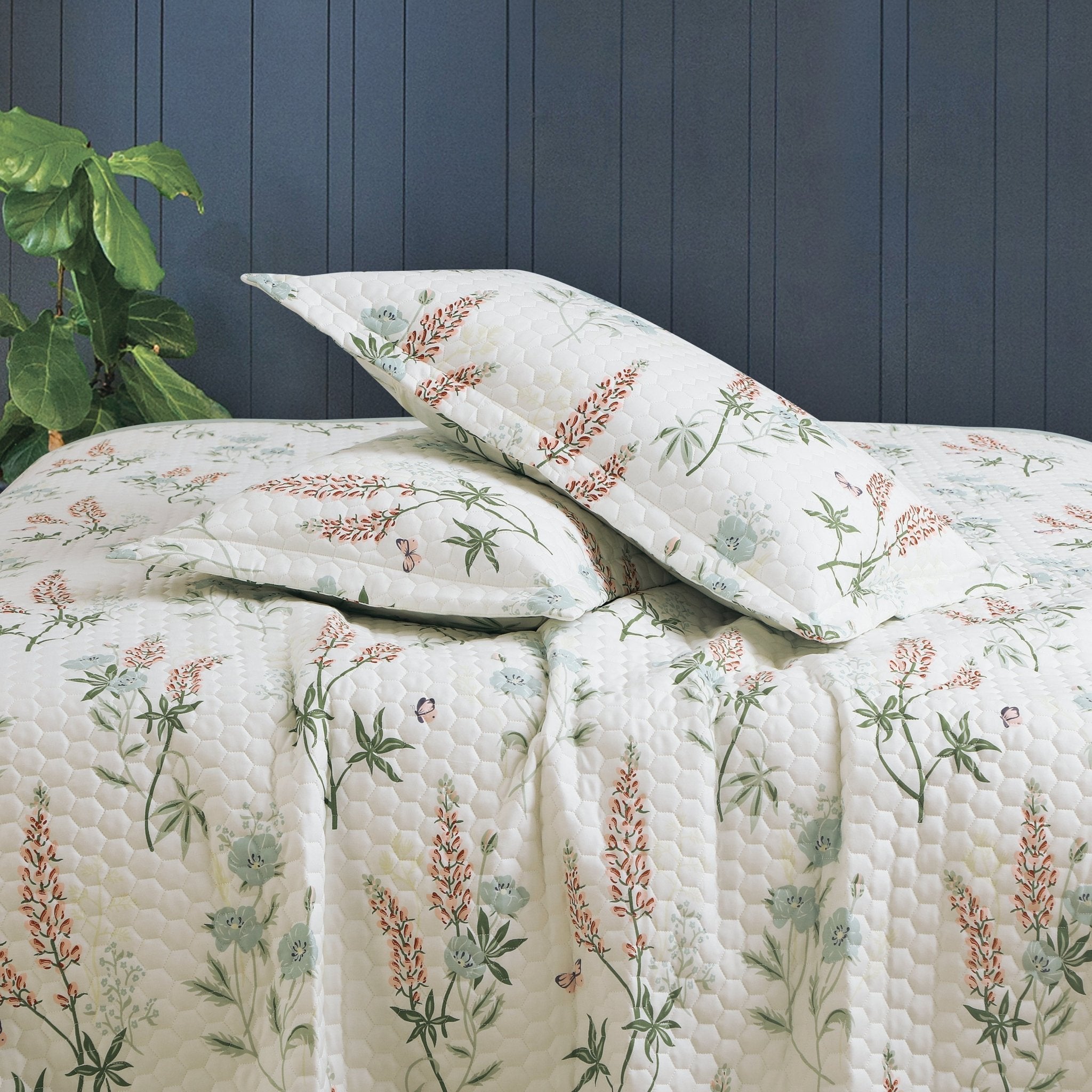 Malako Royale 100% Cotton Off White Floral King Size 5 Piece Quilted Bedspread Set - MALAKO