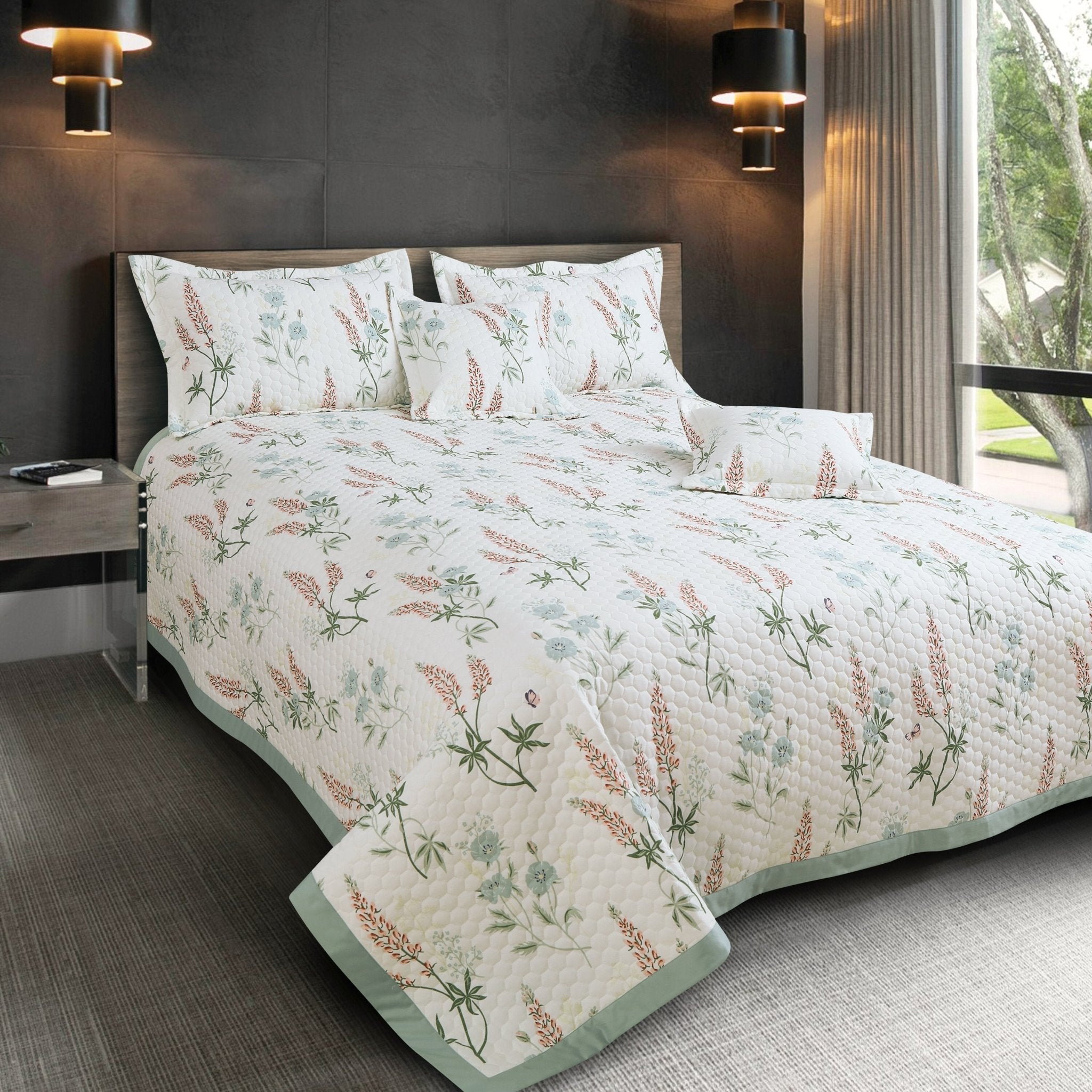 Malako Royale 100% Cotton Off White Floral King Size 5 Piece Quilted Bedspread Set - MALAKO
