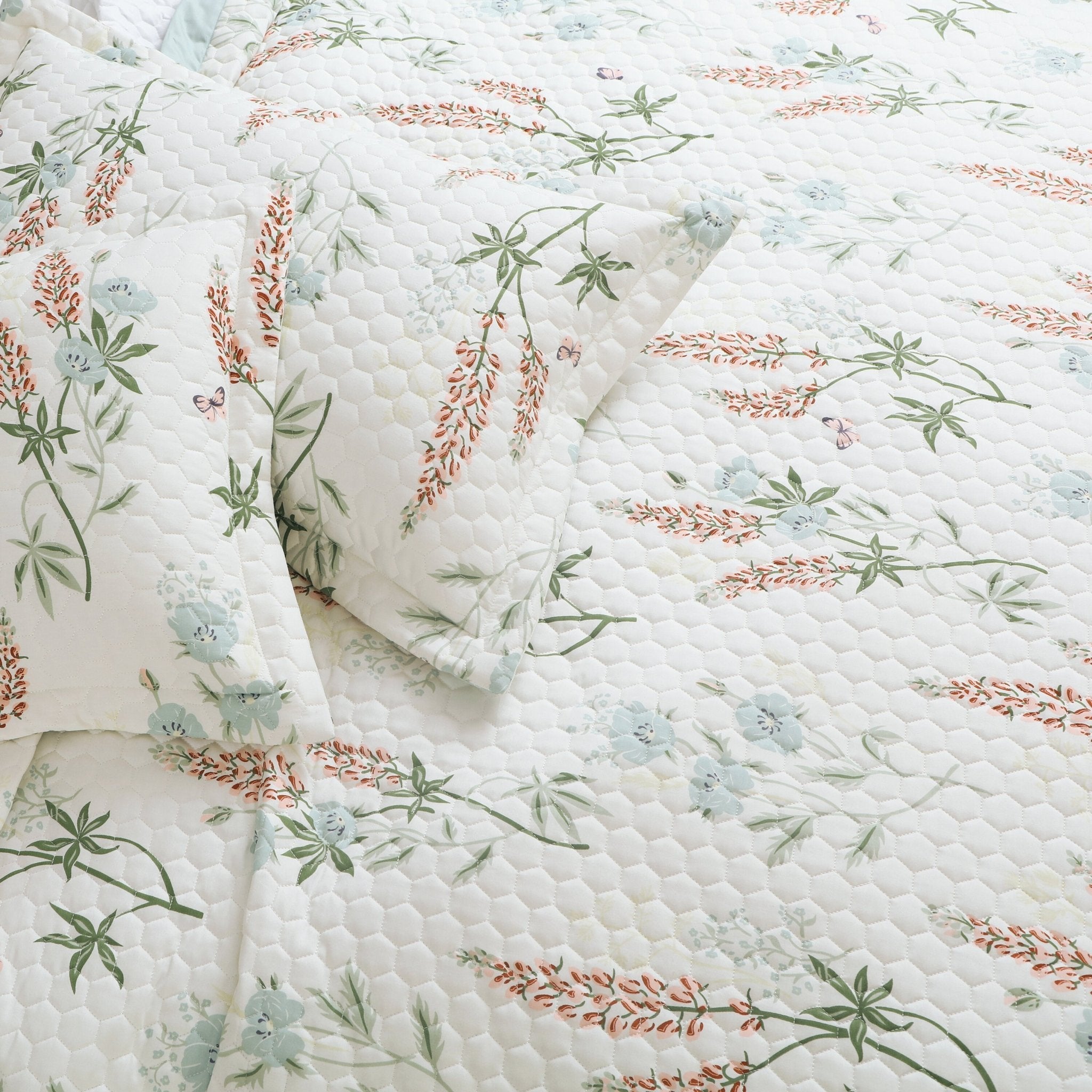 Malako Royale 100% Cotton Off White Floral King Size 5 Piece Quilted Bedspread Set - MALAKO
